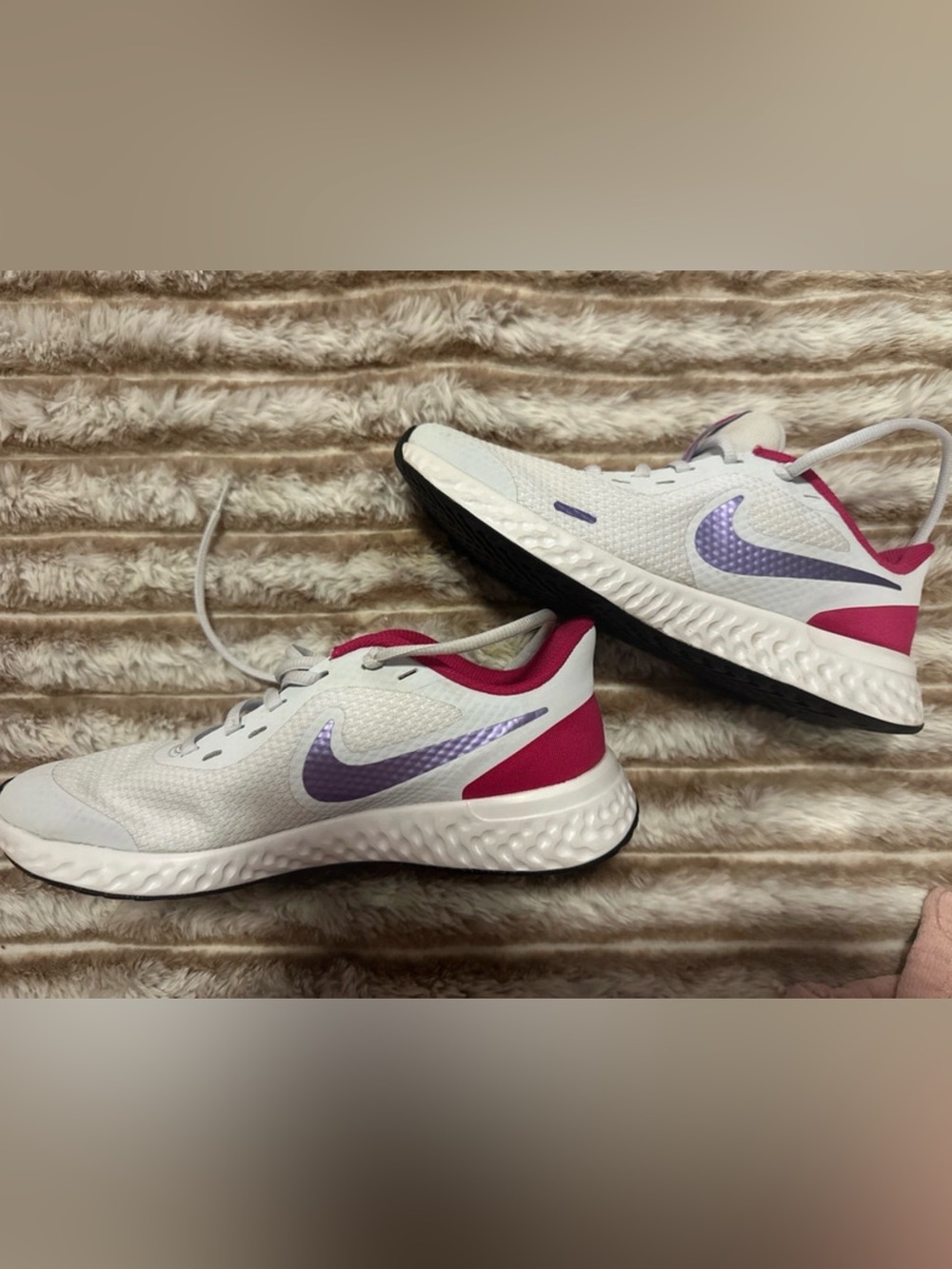 Nike Kids White Running Shoes with Purple Swoosh and Pink Accents